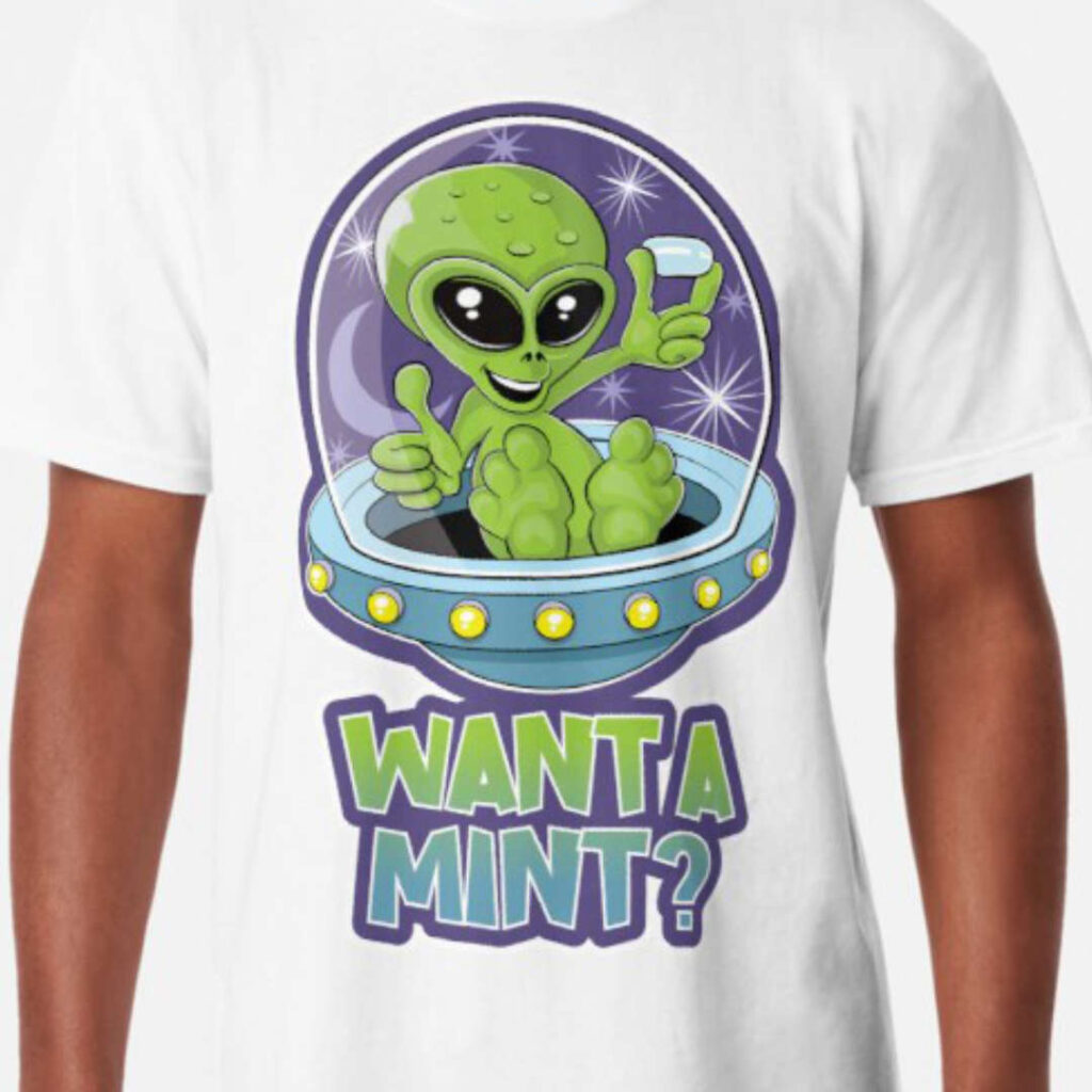 alien tic tac want a mint design white t-shirt