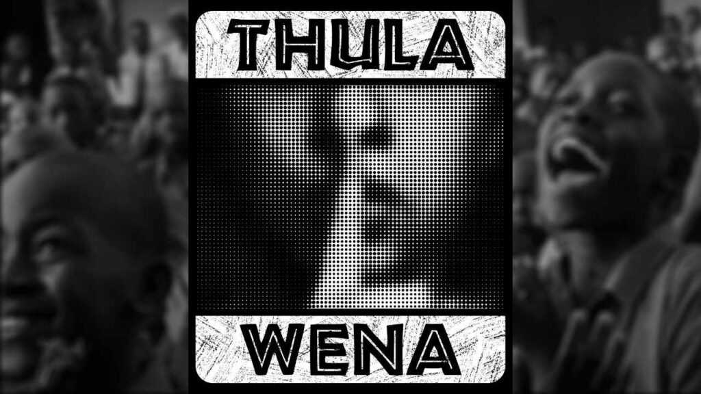 Thula Wena – Grungy African style lettering with a halftone image of a finger over a mouth.